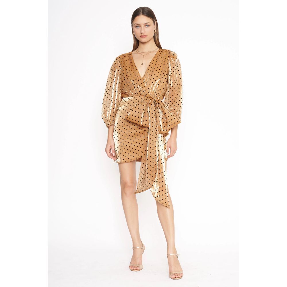 4SI3NNA Tan Polka Dot Wrap Mini Dress Puff Sleeve‎ Romantic Cottagecore